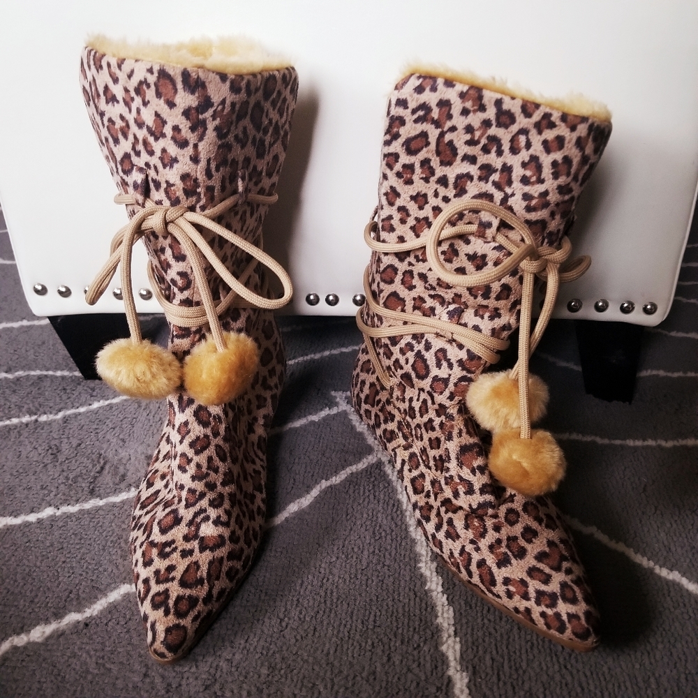 Animal Print/Leopard Print Fuzzy Kitten Heel Boots - image 1